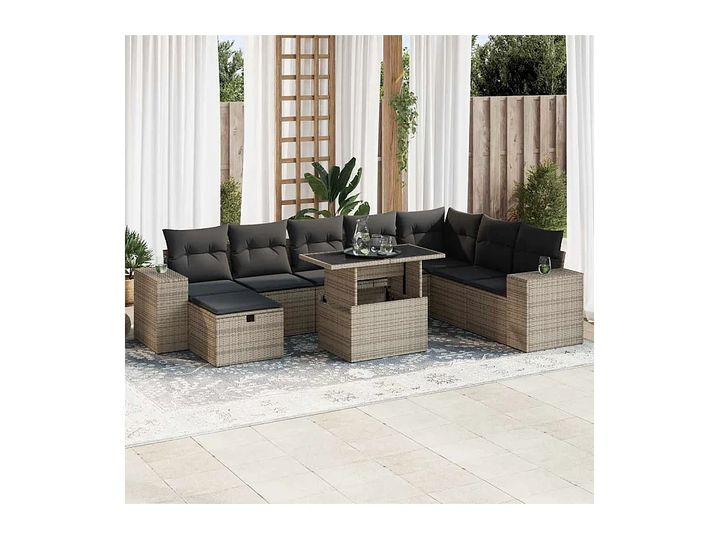 Salon de jardin 9 pcs avec coussins gris résine tressée