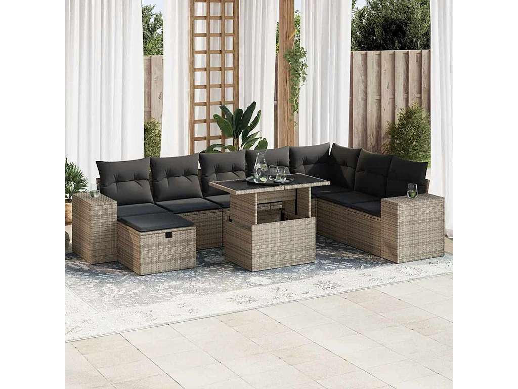 9-teiliges Gartenmöbelset mit grauen Kissen aus gewebtem Harz