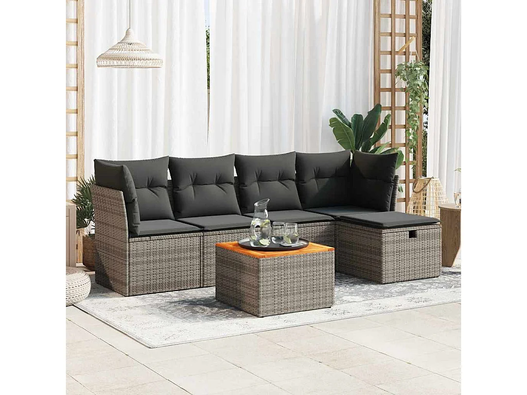 6-teiliges Gartenmöbelset mit grauen Kissen aus gewebtem Harz