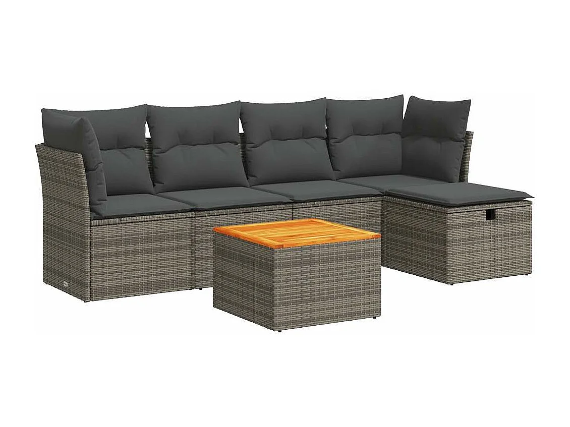 6-teiliges Gartenmöbelset mit grauen Kissen aus gewebtem Harz