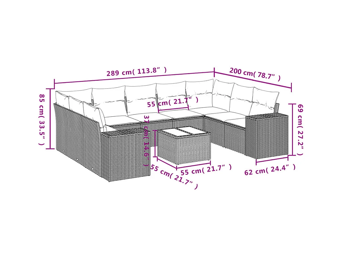 Set di mobili da giardino da 10 pezzi con cuscini marroni in resina intrecciata