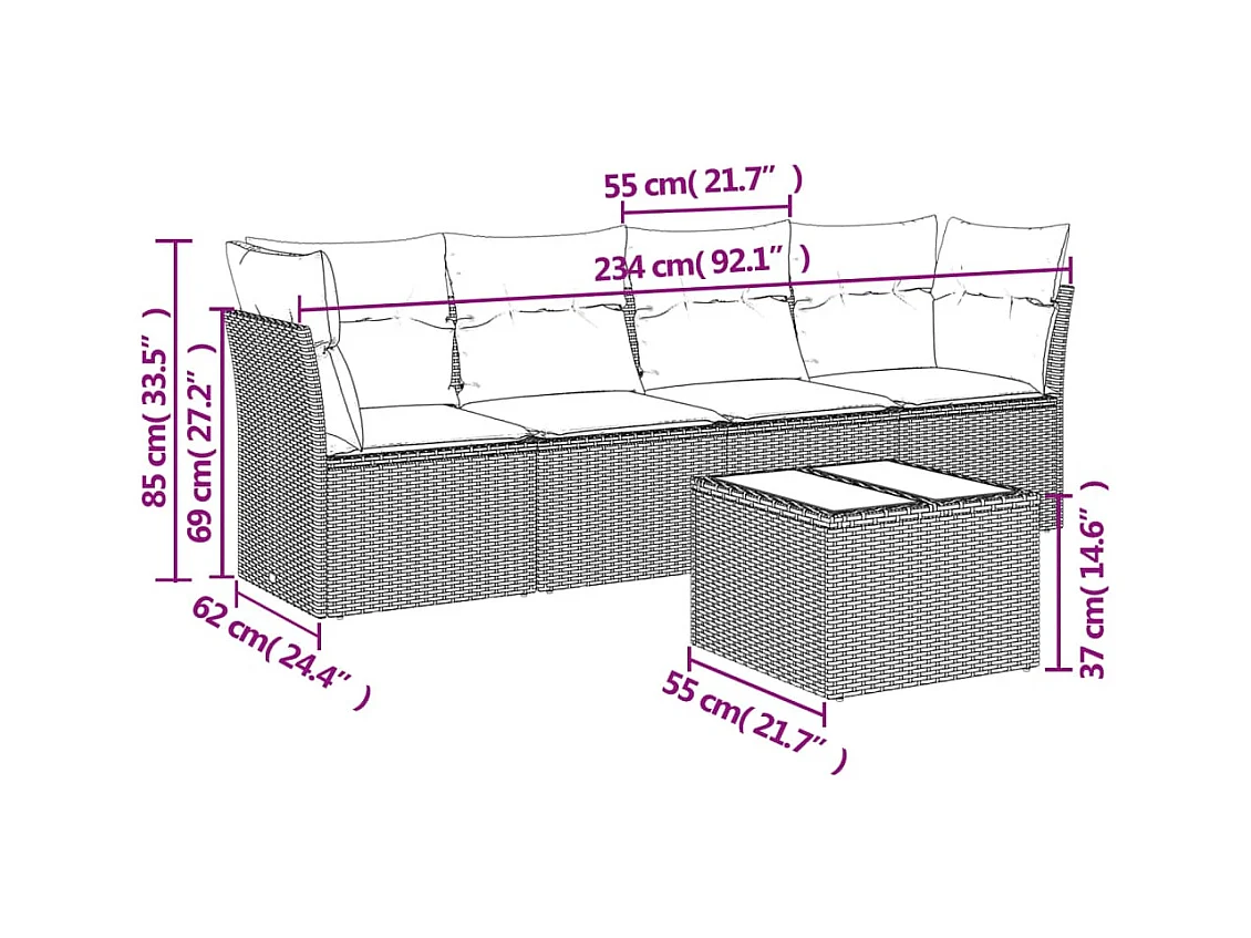 Salon de jardin avec coussins 5 pcs marron résine tressée