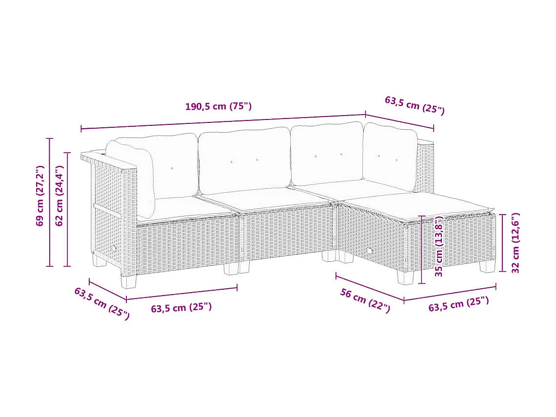 Set mobili da giardino con cuscini 4 pezzi in resina intrecciata beige