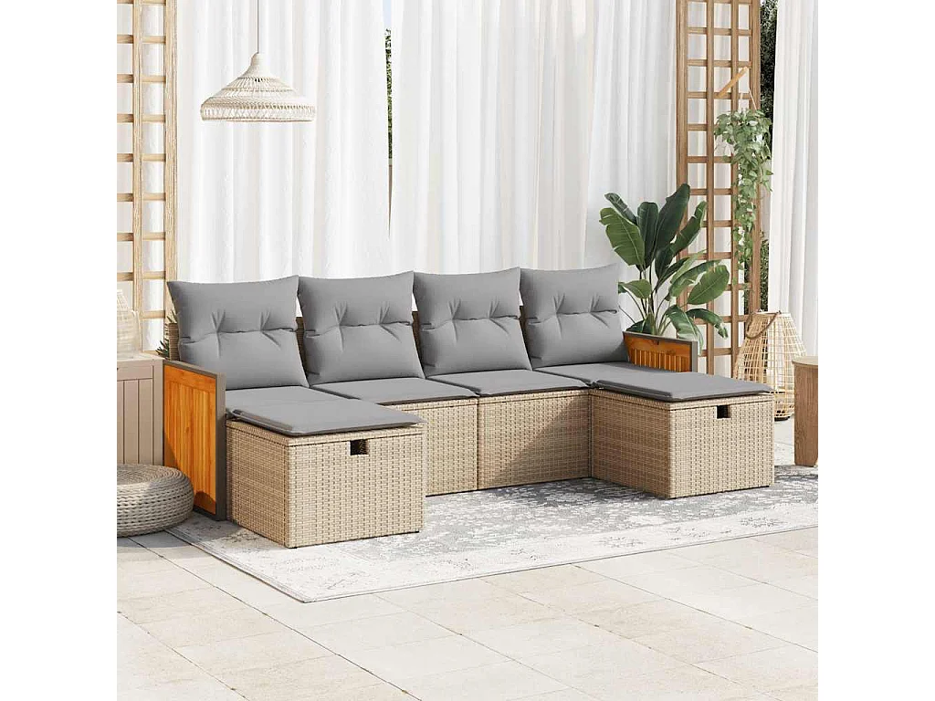Gartenmöbel-Set mit Kissen 6-tlg. beige gewebtes Harz