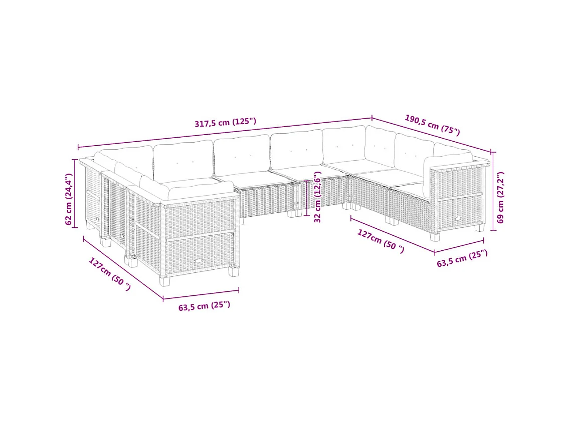 Salon de jardin avec coussins 9 pcs beige résine tressée