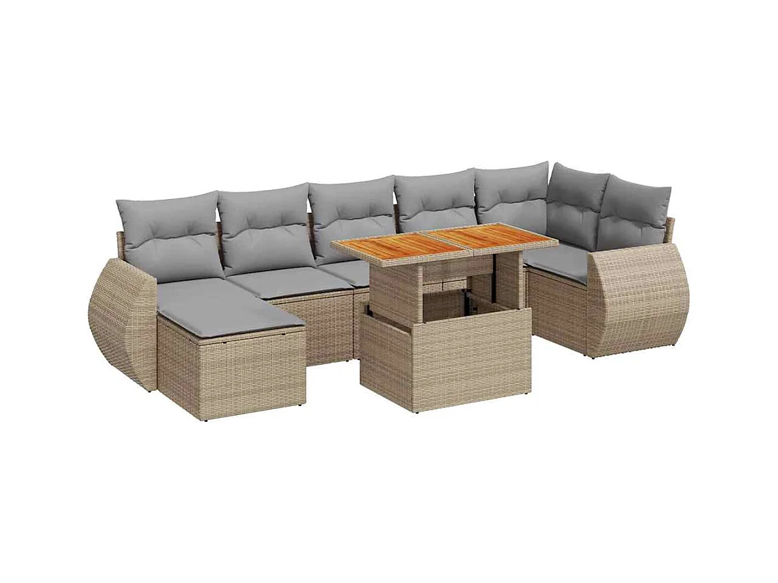 Set mobili da giardino con cuscini 8 pezzi in resina intrecciata beige