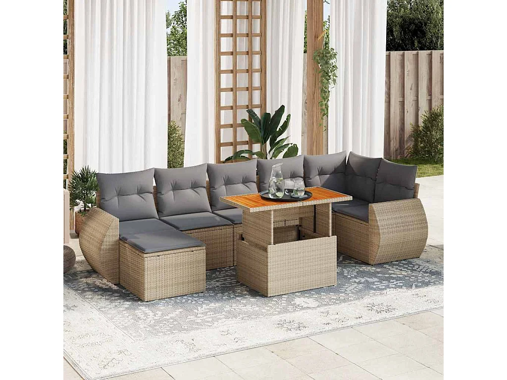 Salon de jardin avec coussins 8 pcs beige résine tressée