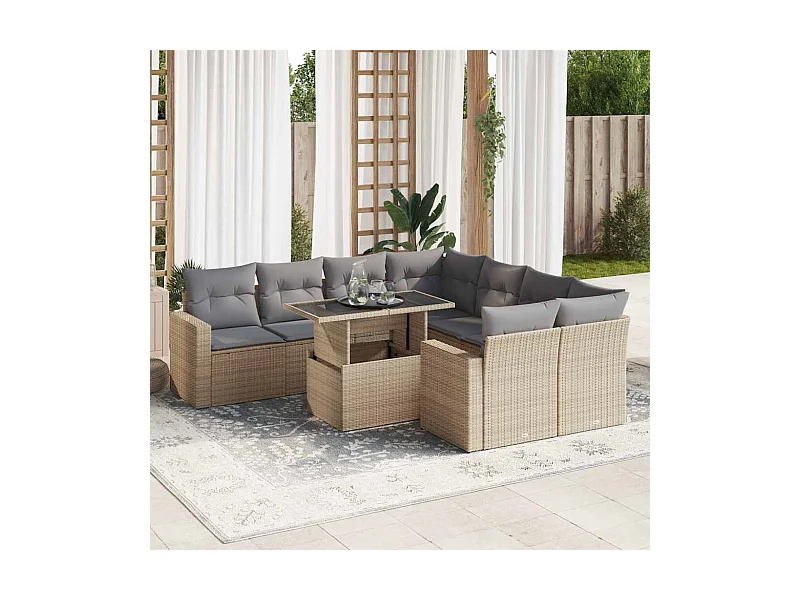Salon de jardin avec coussins 9 pcs beige résine tressée