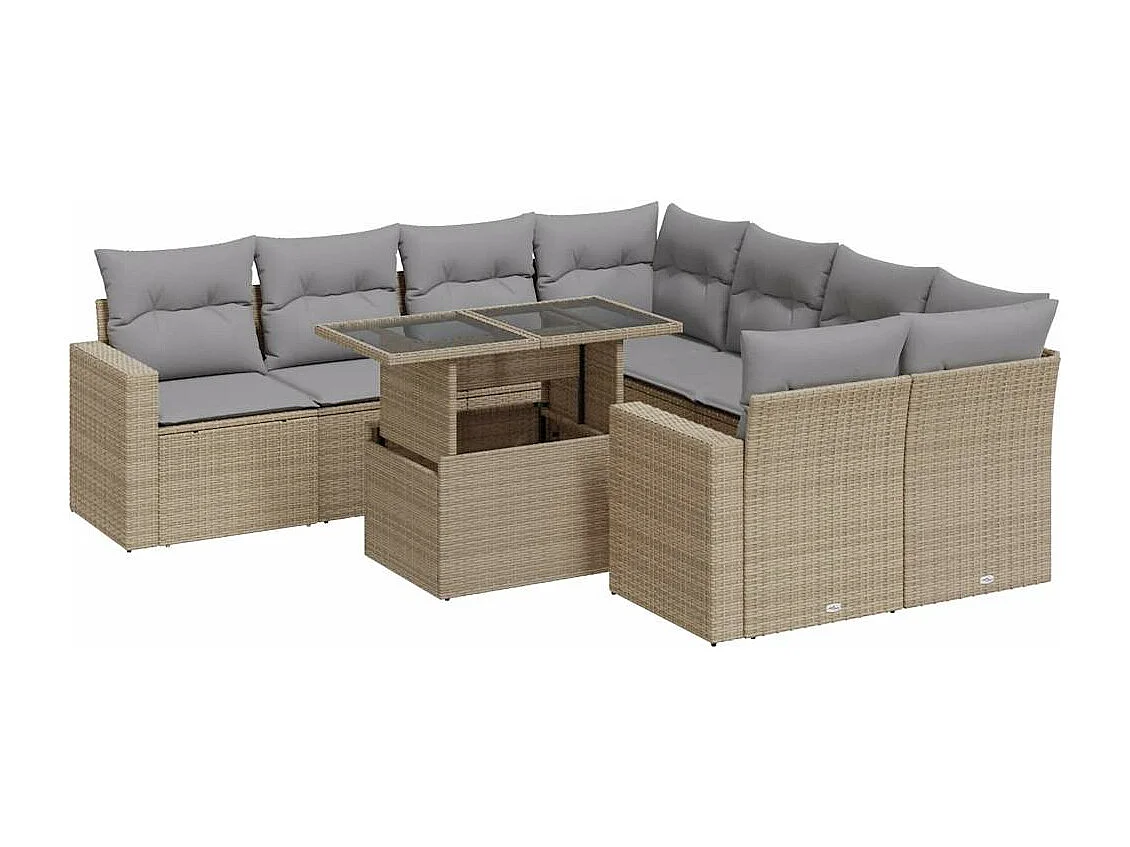 Gartenmöbel-Set mit Kissen 9-tlg. beige gewebtes Harz
