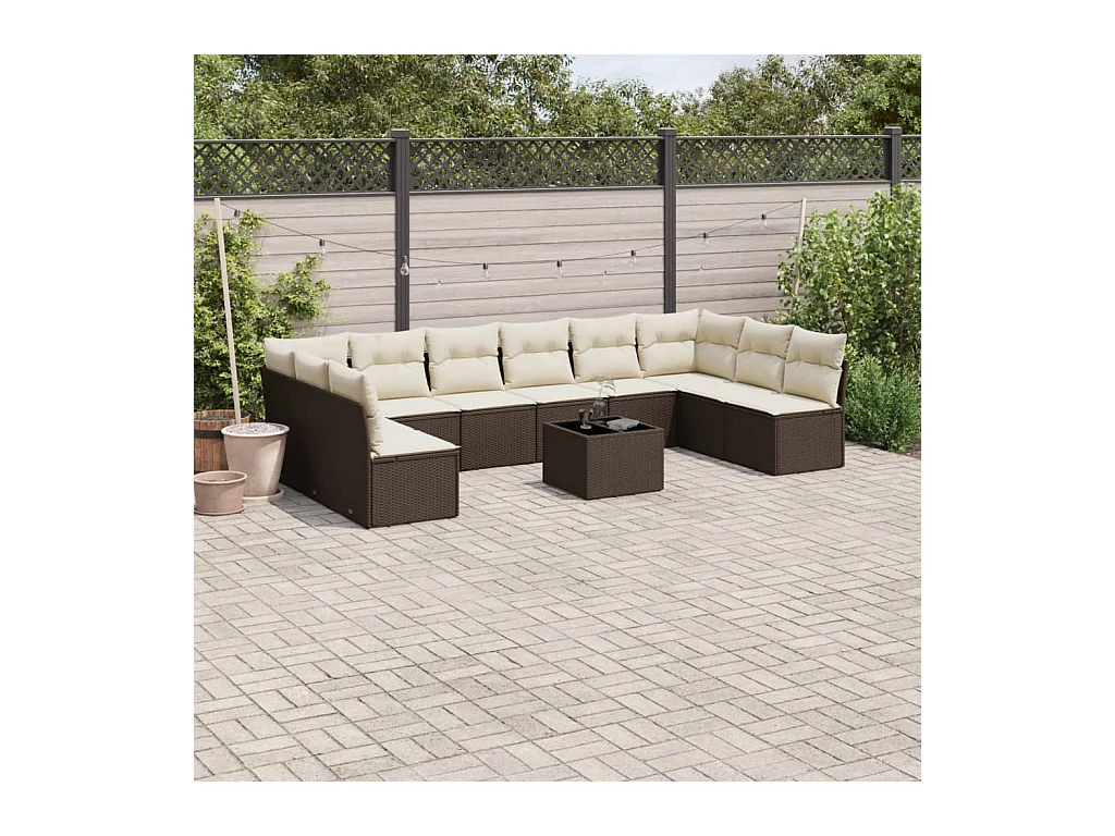Salon de jardin et coussins 11 pcs marron résine tressée