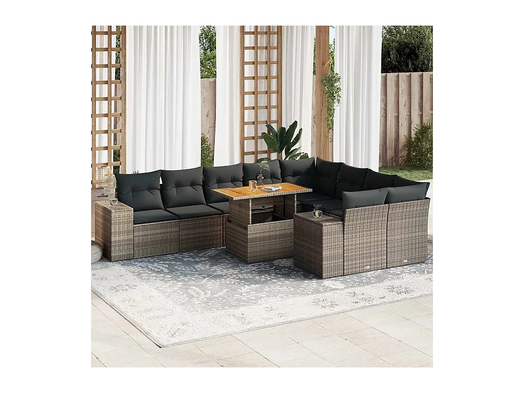 Salon de jardin avec coussins 10 pcs gris résine tressée acacia