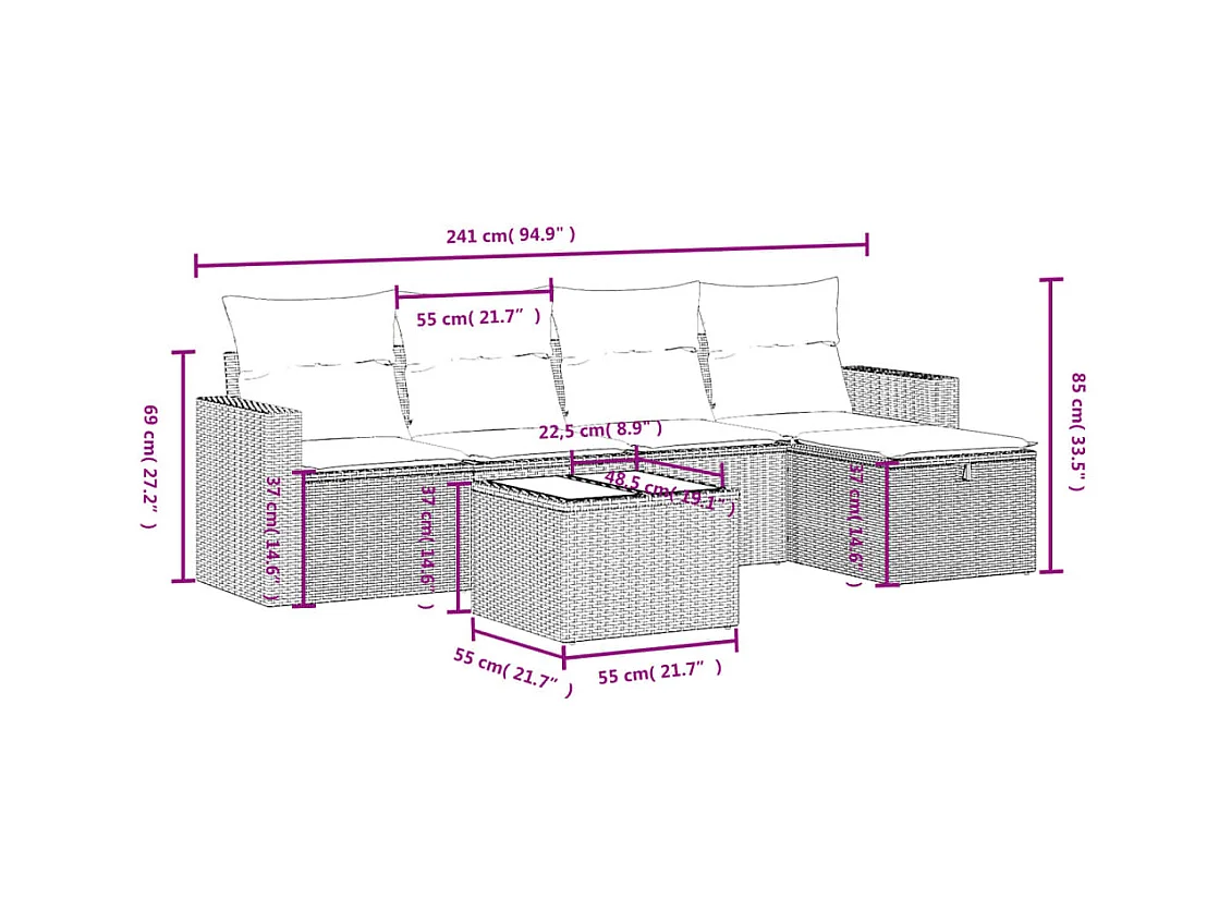 Set di mobili da giardino con cuscini 6 pezzi in resina intrecciata marrone