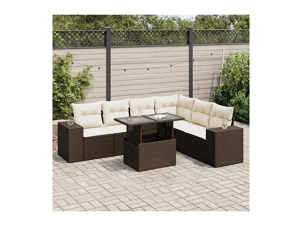 Salon de jardin avec coussins 7 pcs marron résine tressée