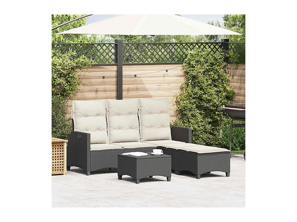 Salon de jardin 3 pcs avec coussins forme L noir résine tressée