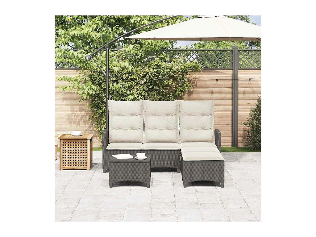 Salon de jardin 3 pcs avec coussins forme L noir résine tressée