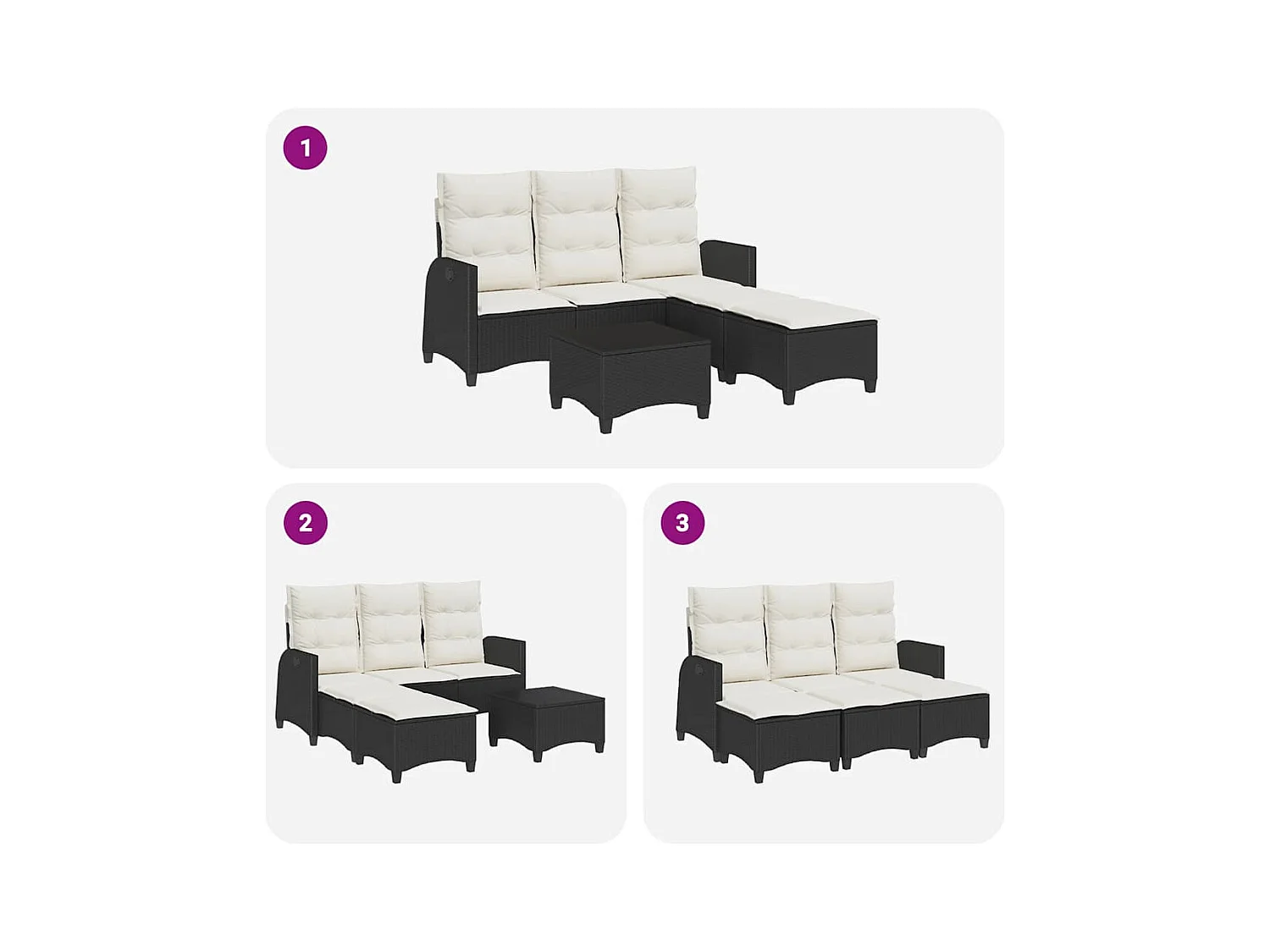 Salon de jardin 3 pcs avec coussins forme L noir résine tressée