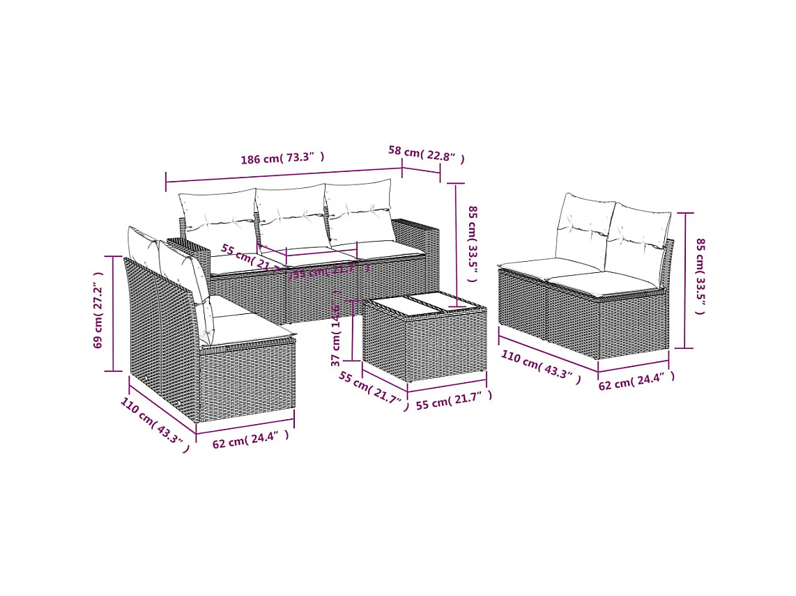 Salon de jardin 8 pcs avec coussins marron résine tressée