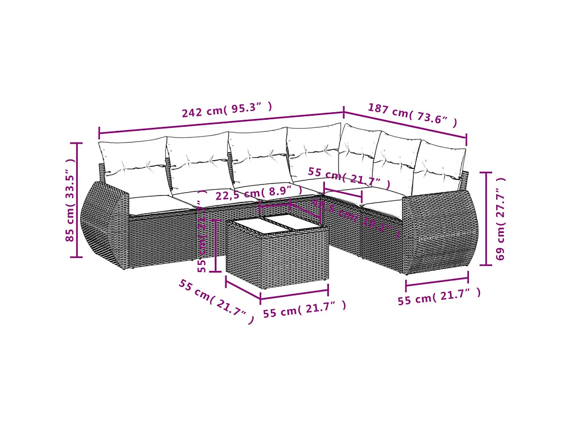 Set mobili da giardino con cuscini 7 pz in resina vimini marrone