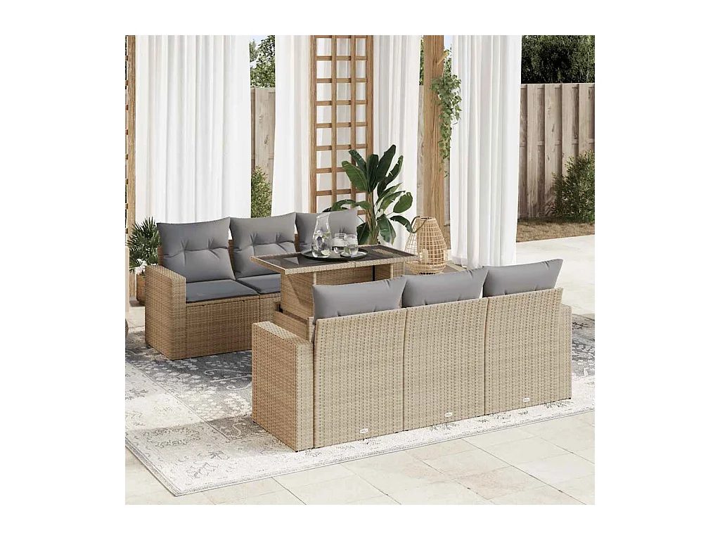 Set mobili da giardino con cuscini 7 pz beige resina intrecciata