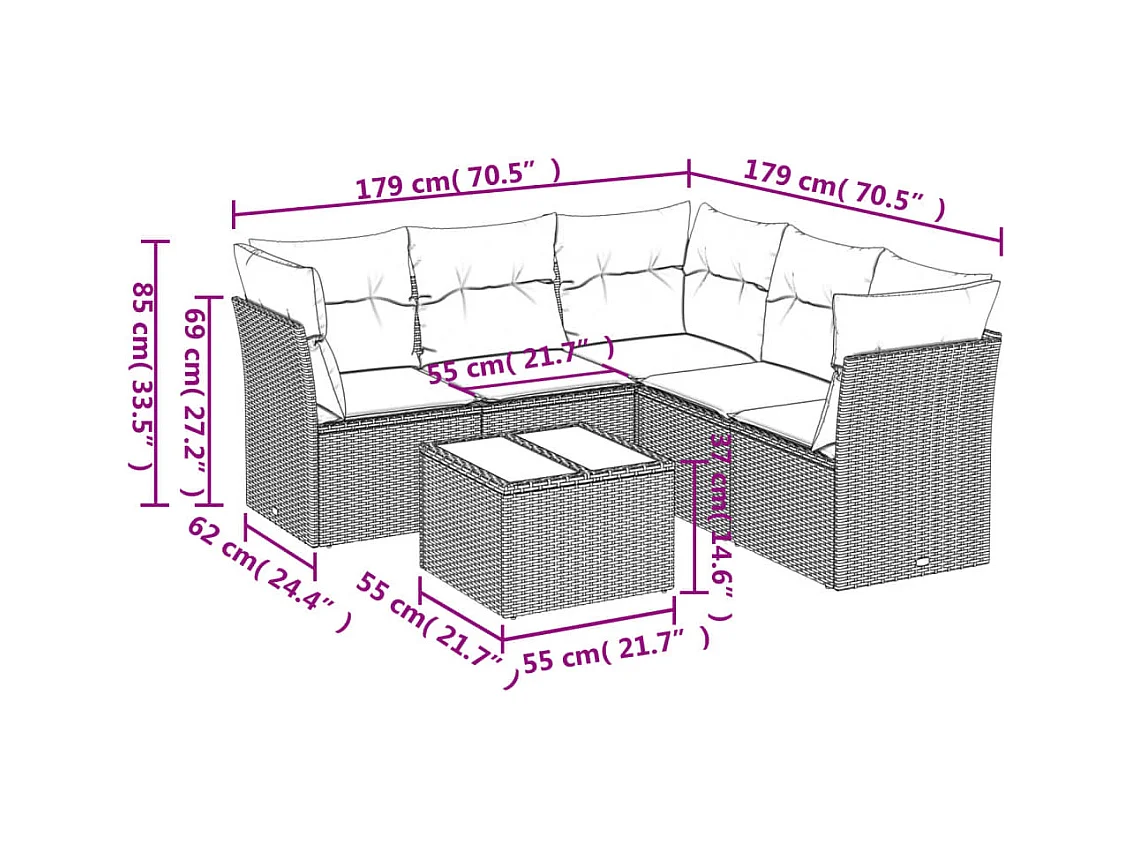 Salon de jardin avec coussins 6 pcs marron résine tressée