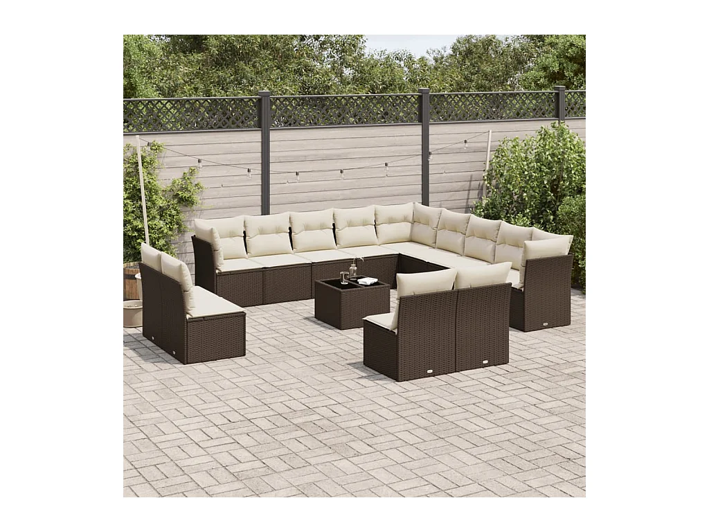 Set di mobili da giardino con cuscini 14 pezzi in resina intrecciata marrone