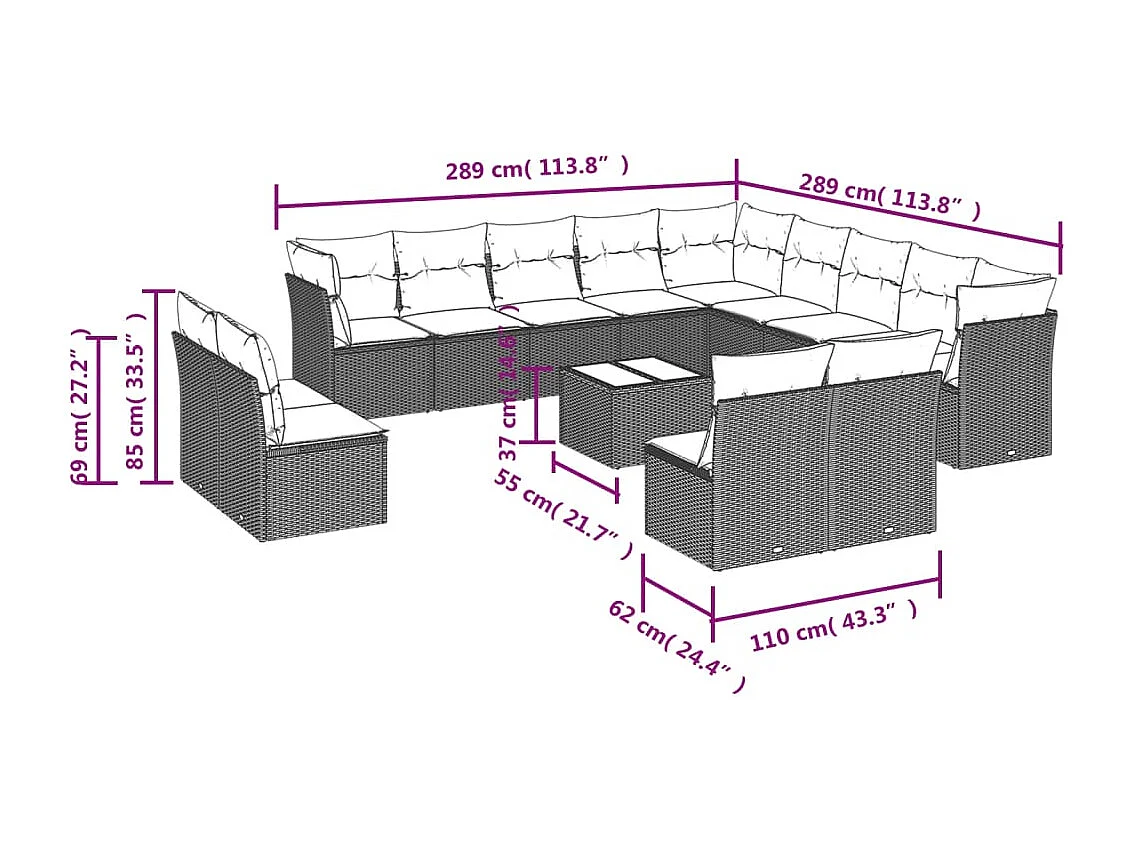 Set di mobili da giardino con cuscini 14 pezzi in resina intrecciata marrone