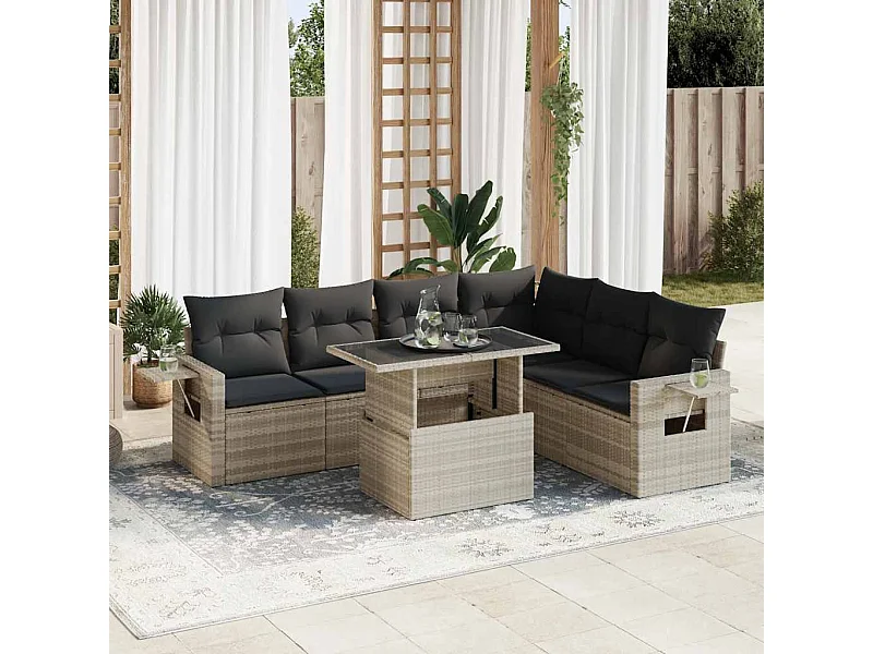 Set di mobili da giardino con cuscini 7 pezzi in resina intrecciata grigio chiaro