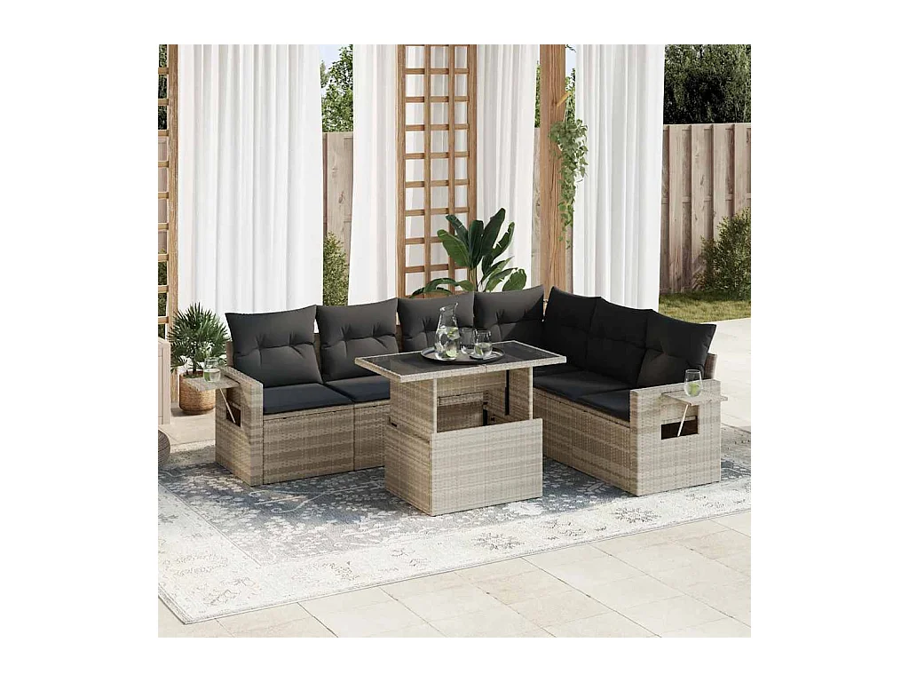Set di mobili da giardino con cuscini 7 pezzi in resina intrecciata grigio chiaro