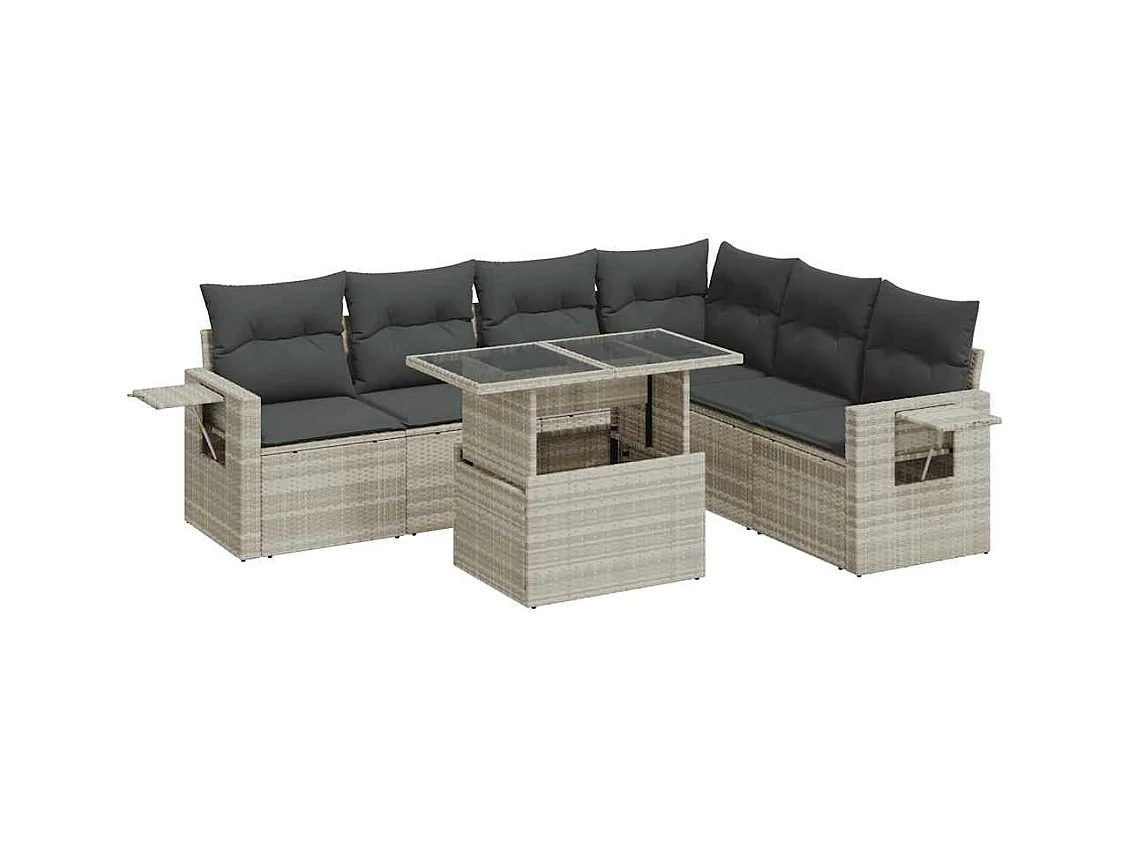 Set di mobili da giardino con cuscini 7 pezzi in resina intrecciata grigio chiaro