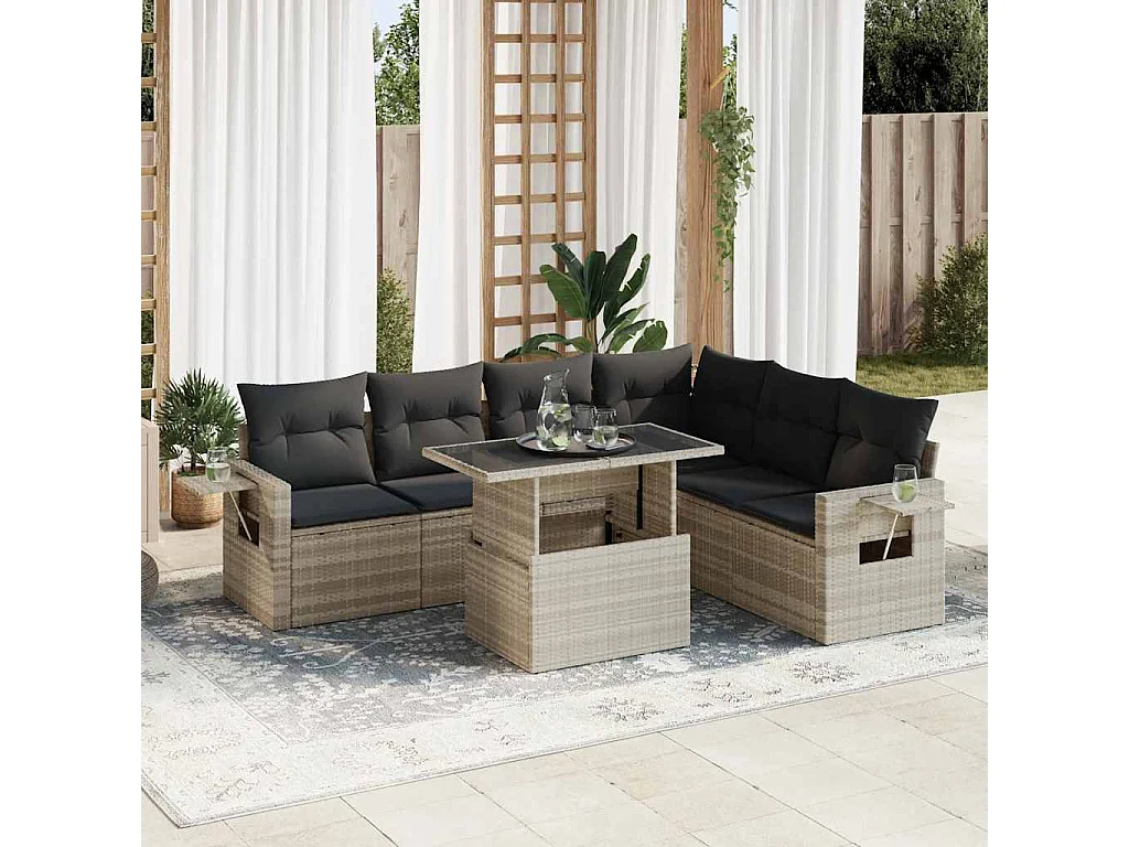 Salon de jardin avec coussins 7 pcs gris clair résine tressée