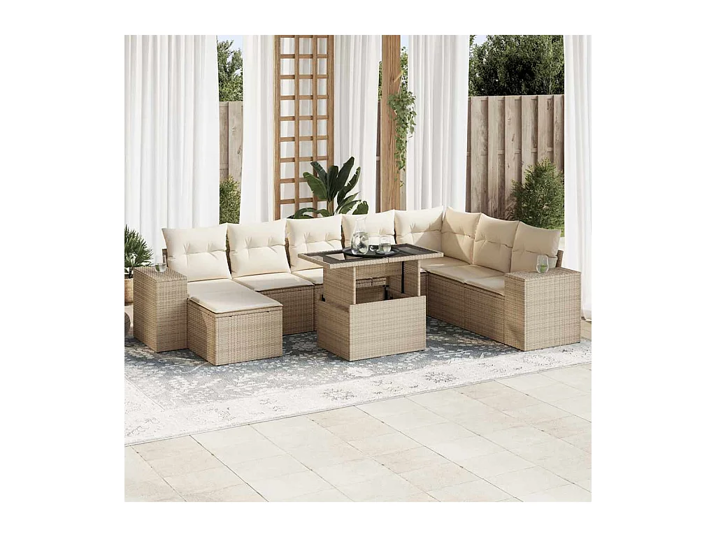 Salon de jardin avec coussins 9 pcs beige résine tressée