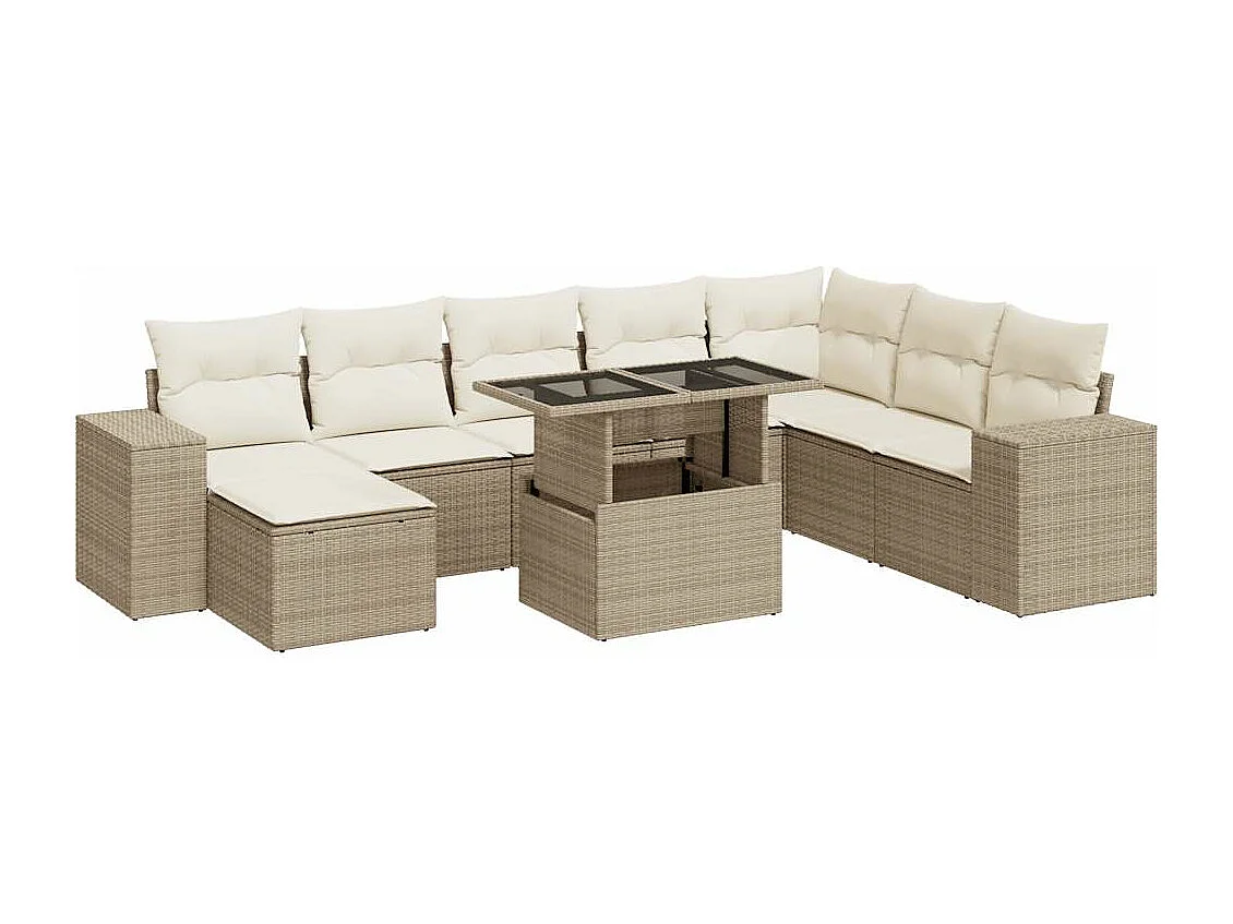 Salon de jardin avec coussins 9 pcs beige résine tressée