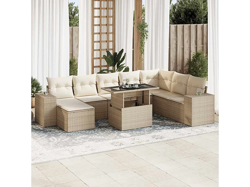 Set mobili da giardino con cuscini 9 pezzi in resina intrecciata beige