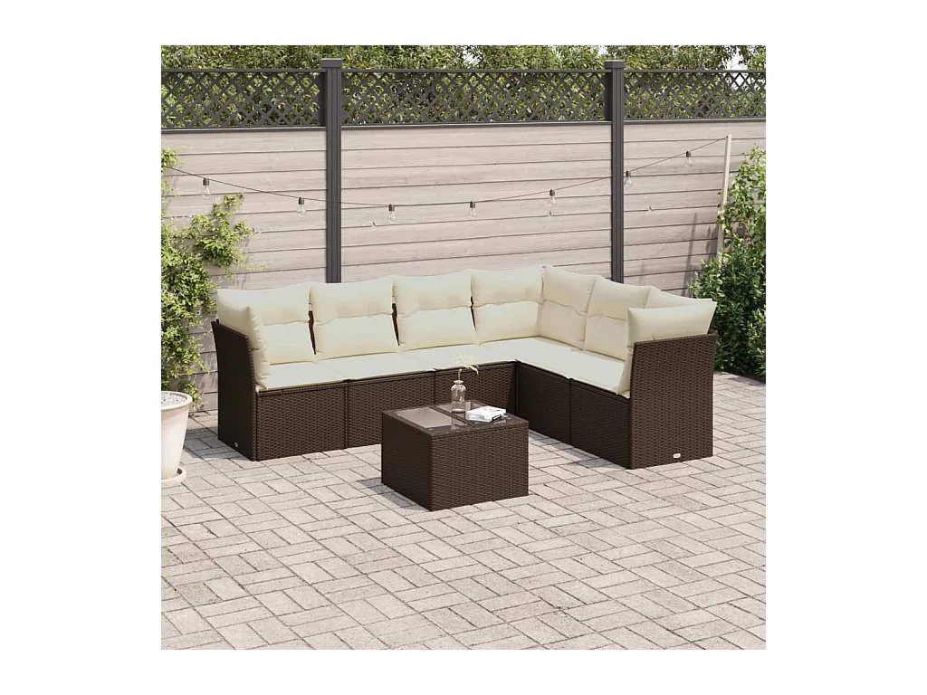 Salon de jardin avec coussins 7 pcs marron résine tressée