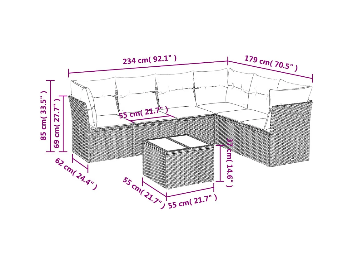 Salon de jardin avec coussins 7 pcs marron résine tressée