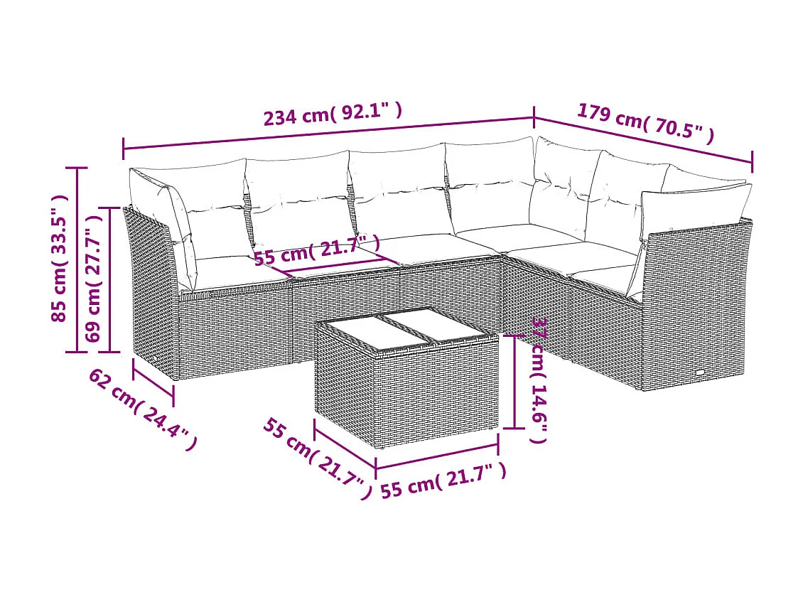 Salon de jardin avec coussins 7 pcs marron résine tressée
