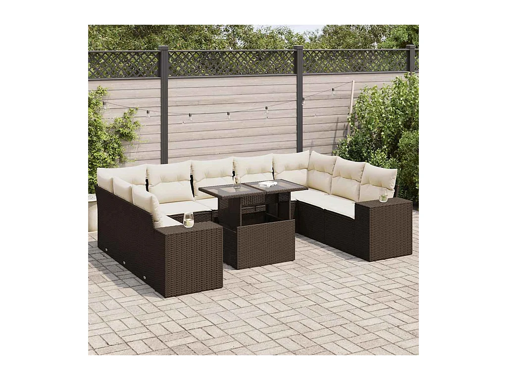 Set di mobili da giardino da 10 pezzi con cuscini marroni in resina intrecciata