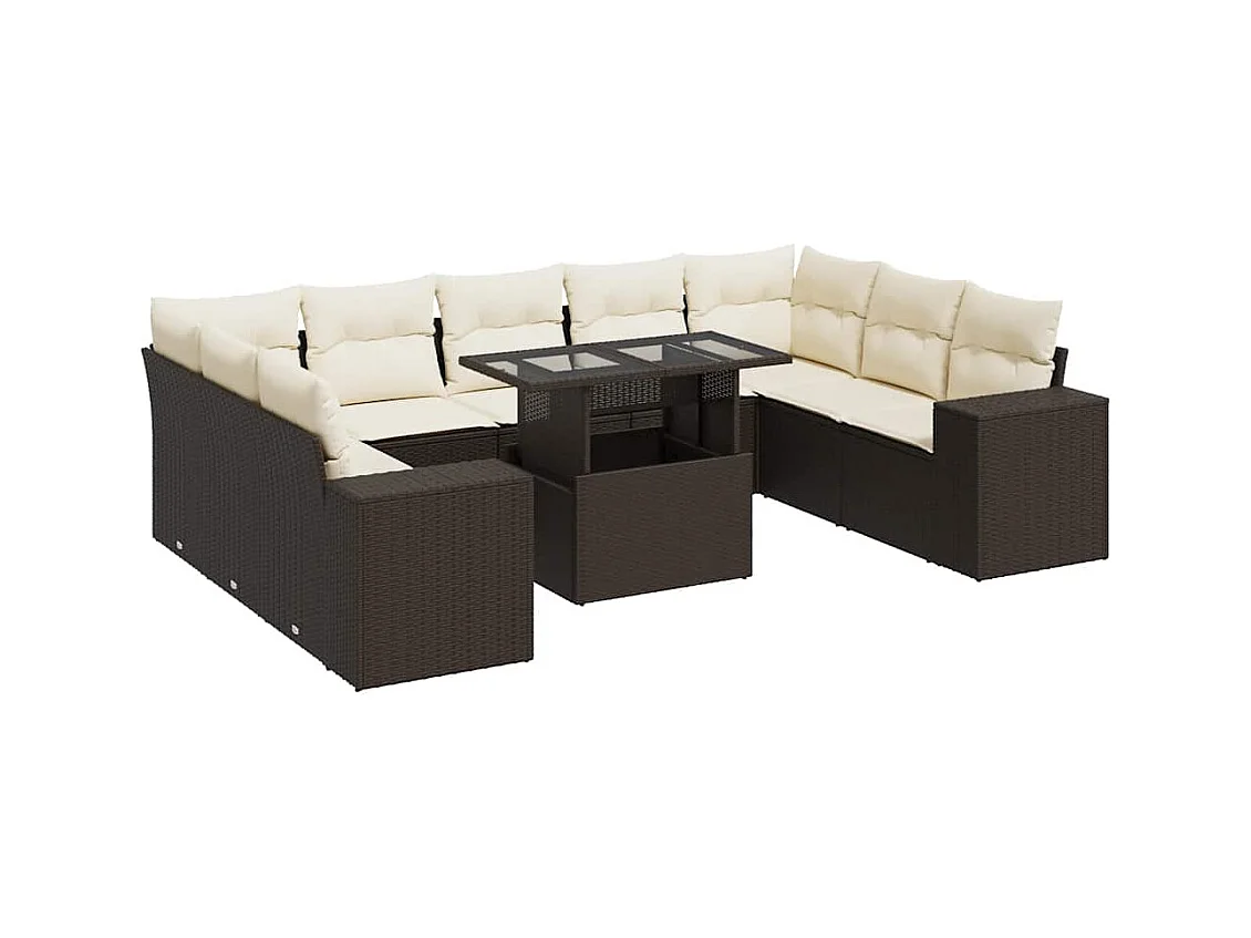 Set di mobili da giardino da 10 pezzi con cuscini marroni in resina intrecciata