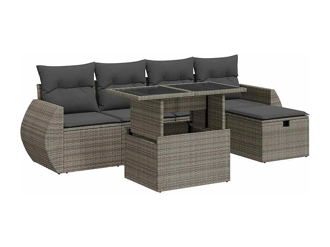 Salon de jardin 6 pcs avec coussins gris résine tressée