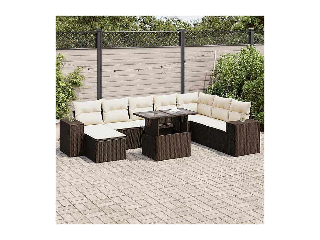 Set mobili da giardino con cuscini 9 pezzi in vimini marrone resina