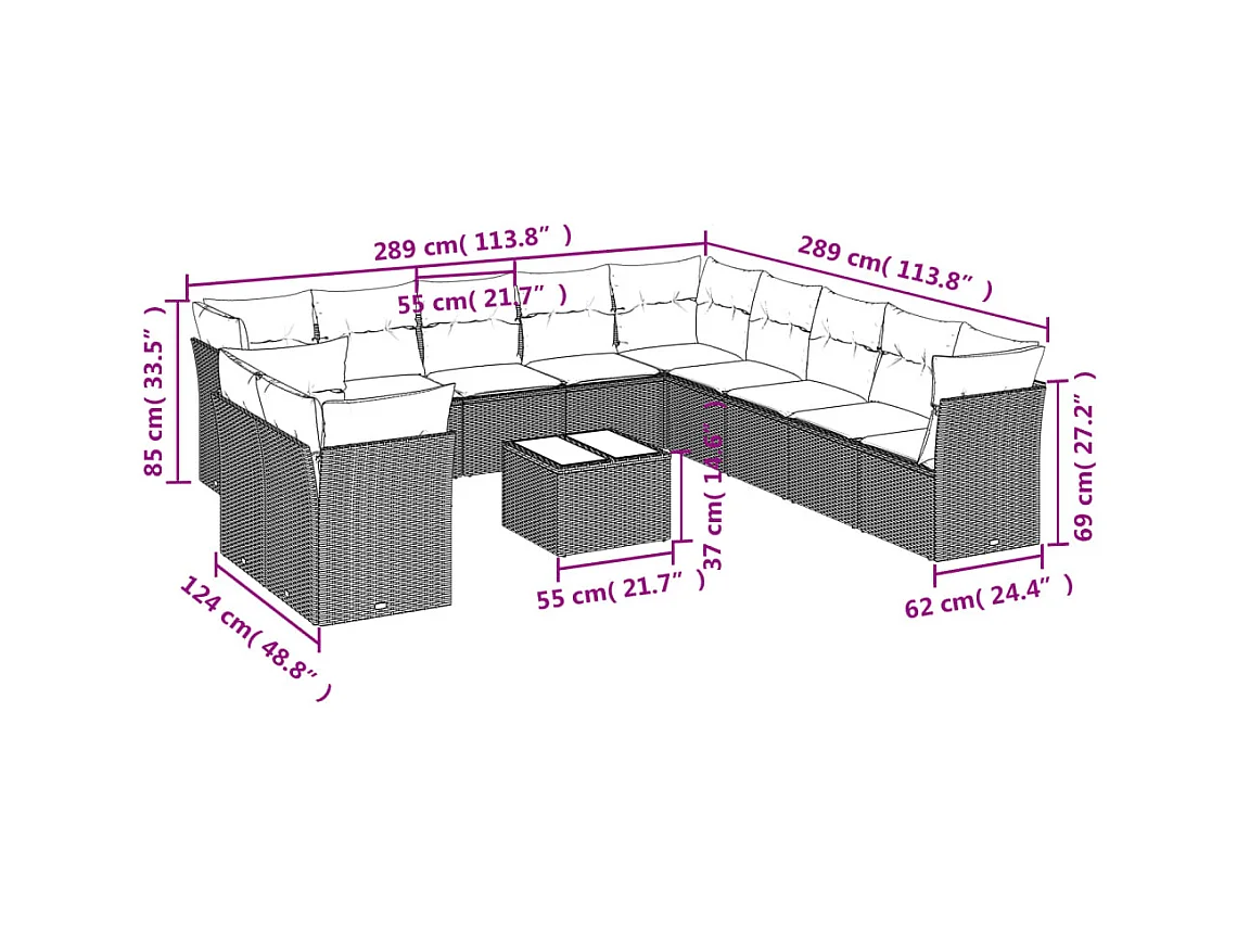 Conjunto de móveis de jardim com almofadas 12 peças resina trançada marrom