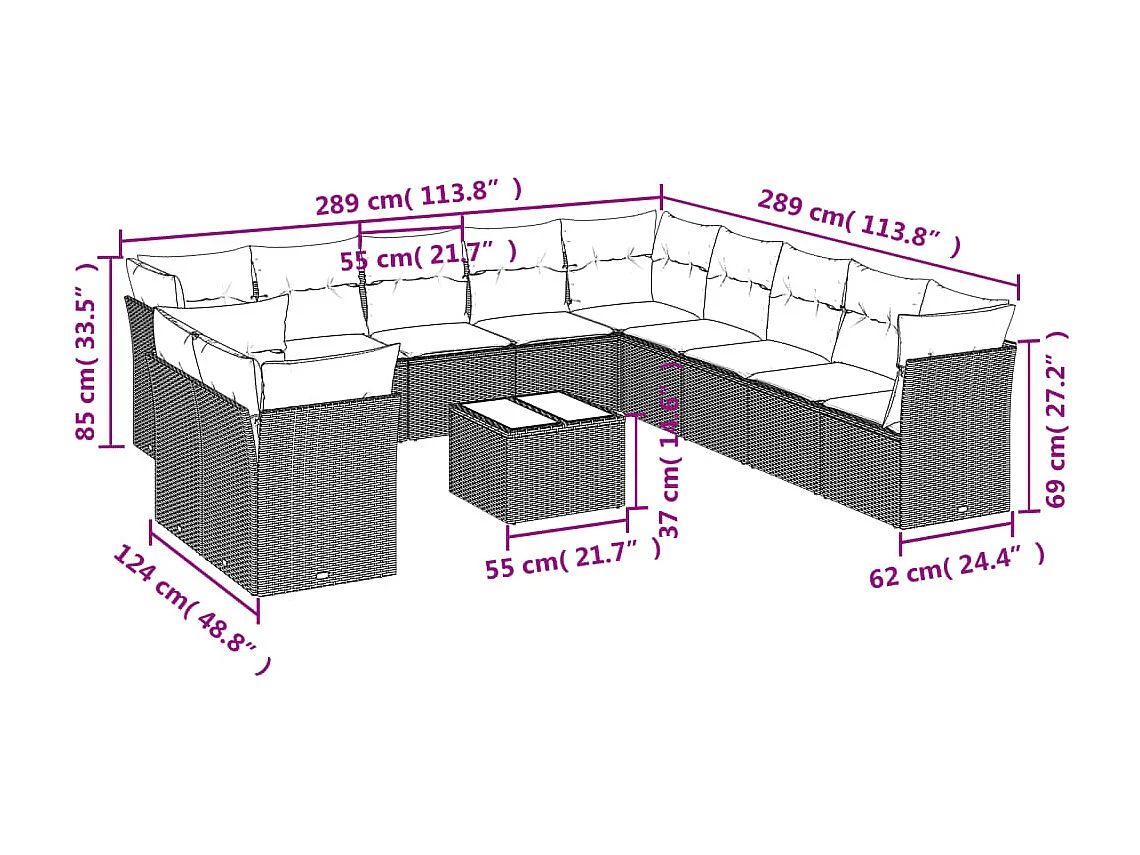 Set di mobili da giardino con cuscini 12 pezzi in resina intrecciata marrone