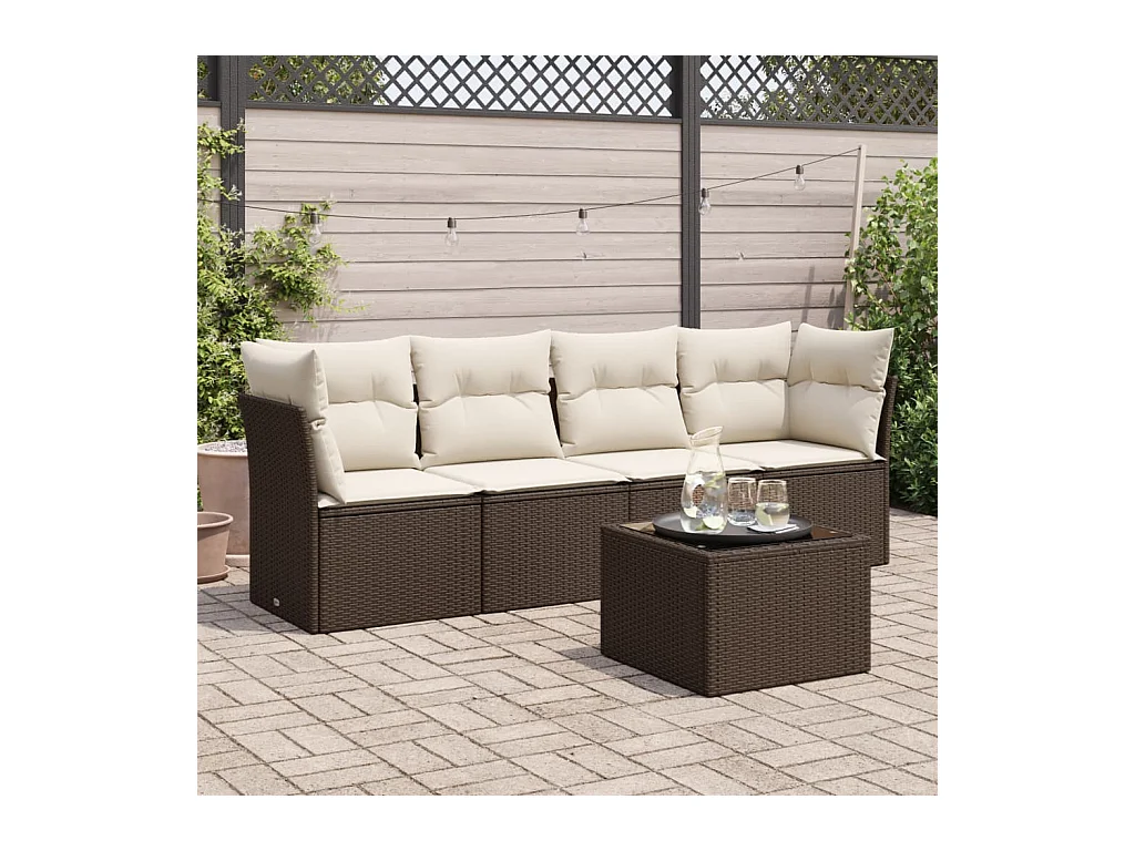 Salon de jardin avec coussins 5 pcs marron résine tressée