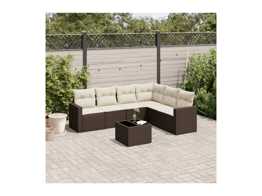 Set mobili da giardino con cuscini 7 pz in resina vimini marrone