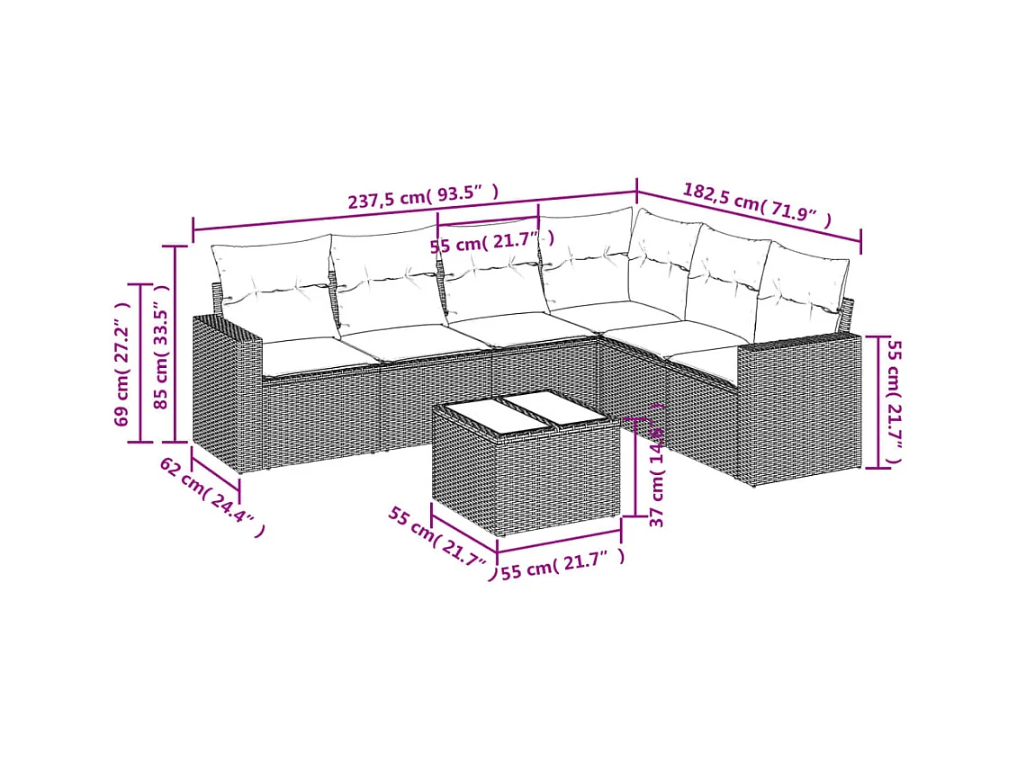 Set mobili da giardino con cuscini 7 pz in resina vimini marrone