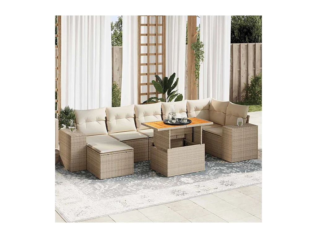 Set mobili da giardino con cuscini 8 pezzi in resina intrecciata beige