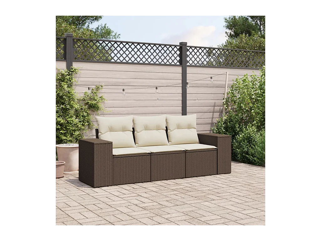 Set di mobili da giardino con cuscini 3 pezzi in resina intrecciata marrone