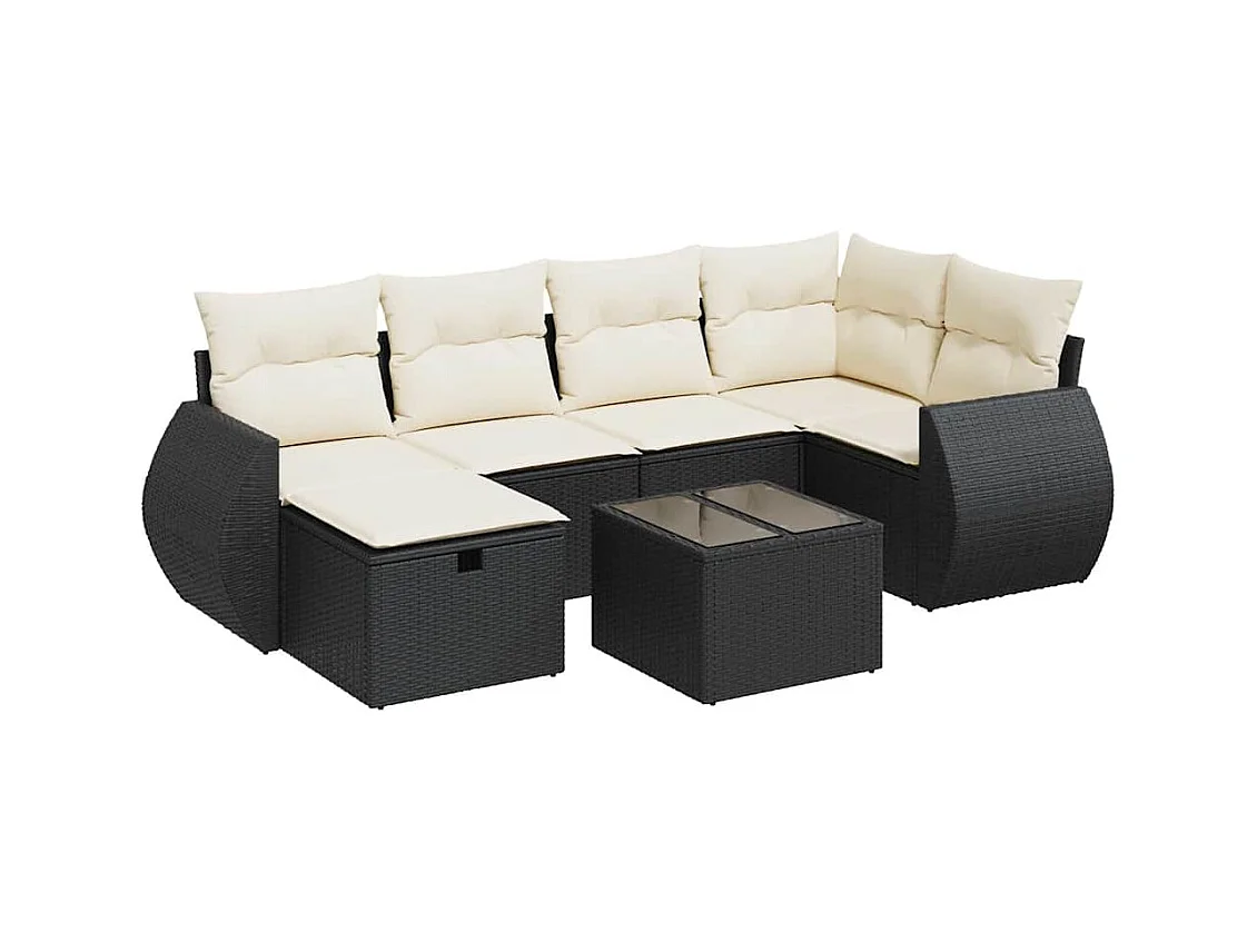 Set di mobili da giardino 7 pezzi con cuscini neri in resina intrecciata
