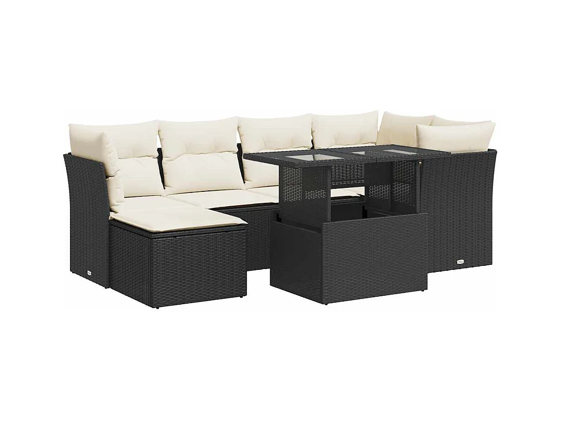 Set di mobili da giardino 7 pezzi con cuscini neri in resina intrecciata