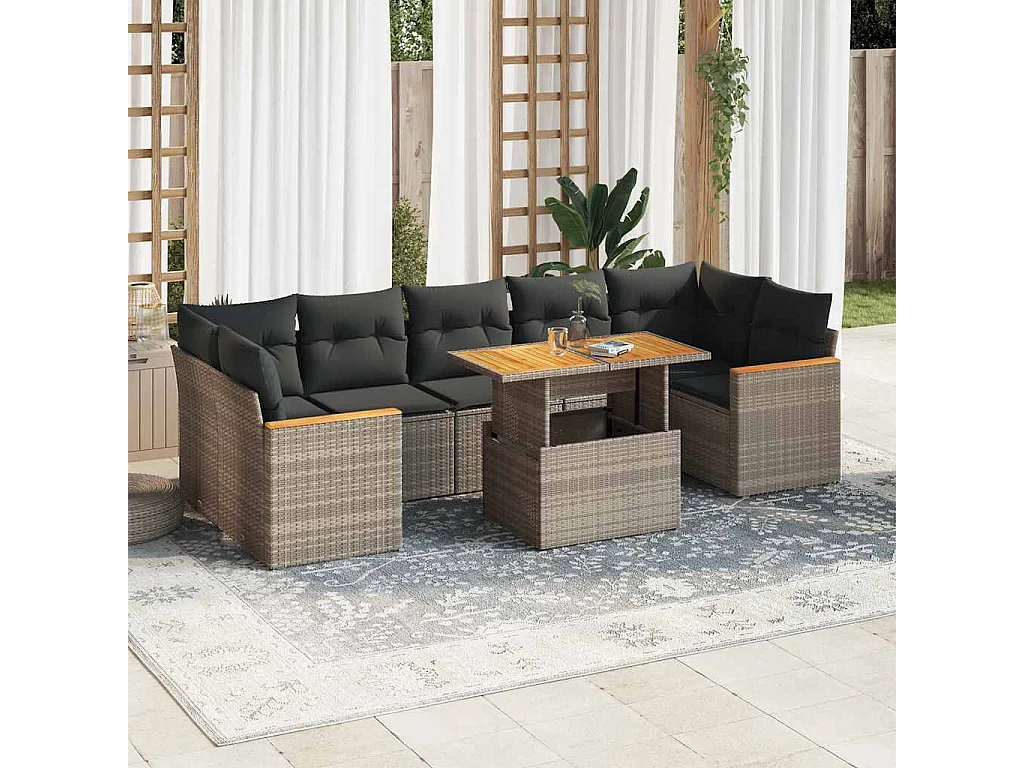 Salon de jardin avec coussins 8 pcs gris résine tressée acacia